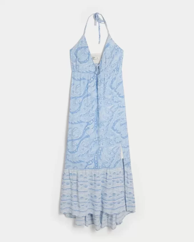 Asymmetrical Hem Halter Maxi Dress