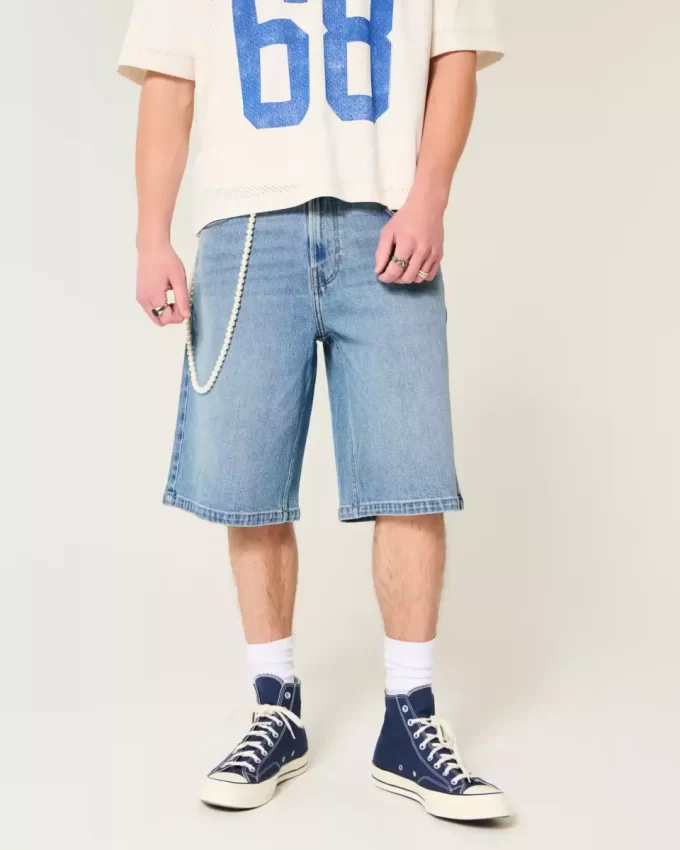 Below-the-Knee Medium Wash Super Baggy Denim Shorts