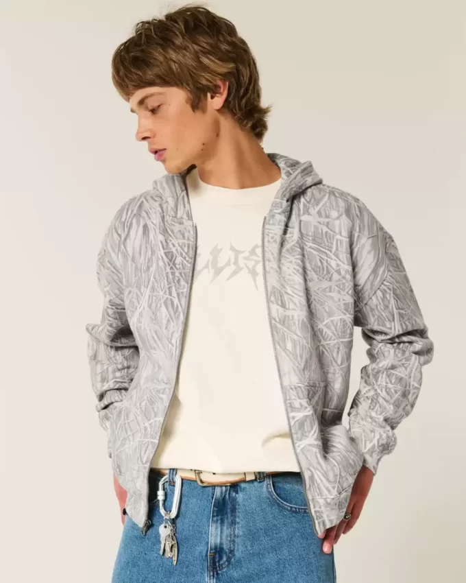 Boxy Camo Zip-Up Hoodie