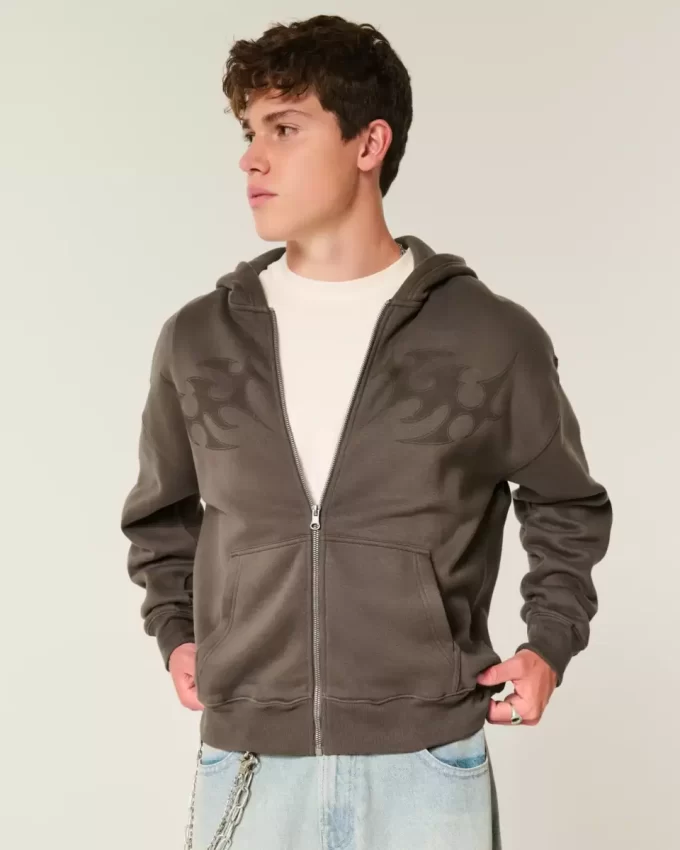Boxy Flame Graphic Zip-Up Hoodie