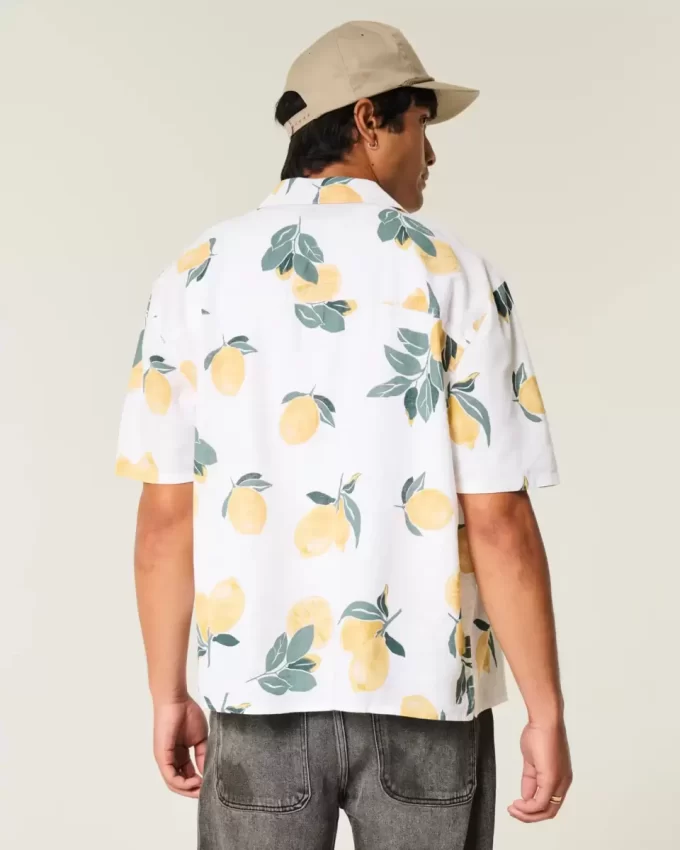 Boxy Linen-Blend Lemon Pattern Shirt