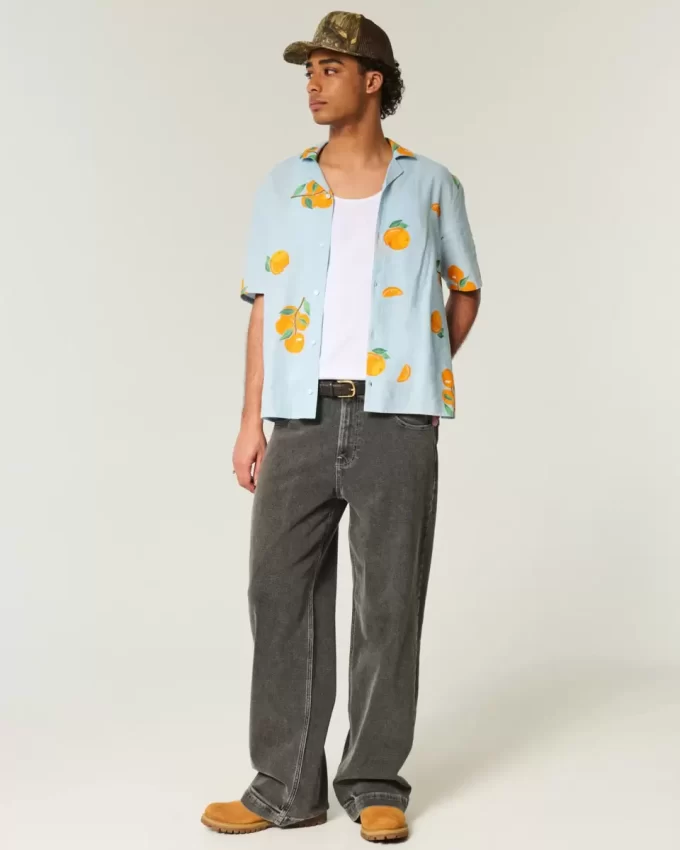 Boxy Linen-Blend Orange Pattern Shirt