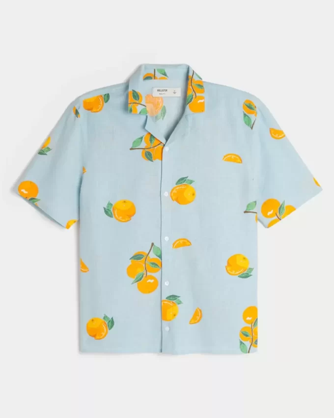 Boxy Linen-Blend Orange Pattern Shirt