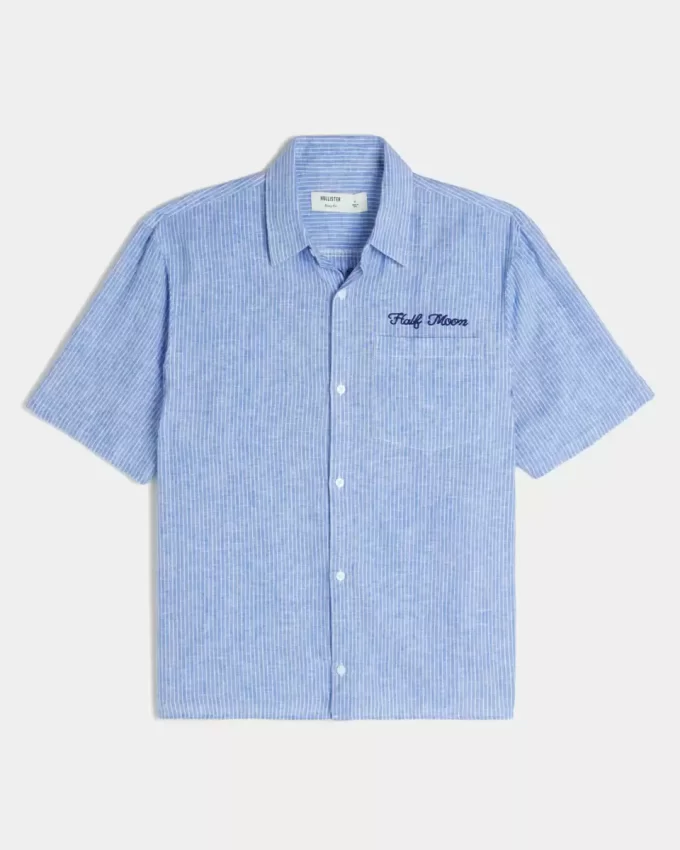 Boxy Linen-Blend Short-Sleeve Half Moon Graphic Shirt