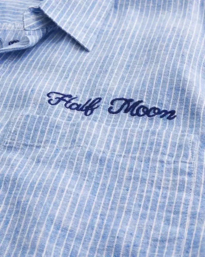 Boxy Linen-Blend Short-Sleeve Half Moon Graphic Shirt