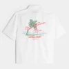 Boxy Linen-Blend Short-Sleeve Pink Flamingo Moon Graphic Shirt