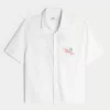 Boxy Linen-Blend Short-Sleeve Pink Flamingo Moon Graphic Shirt