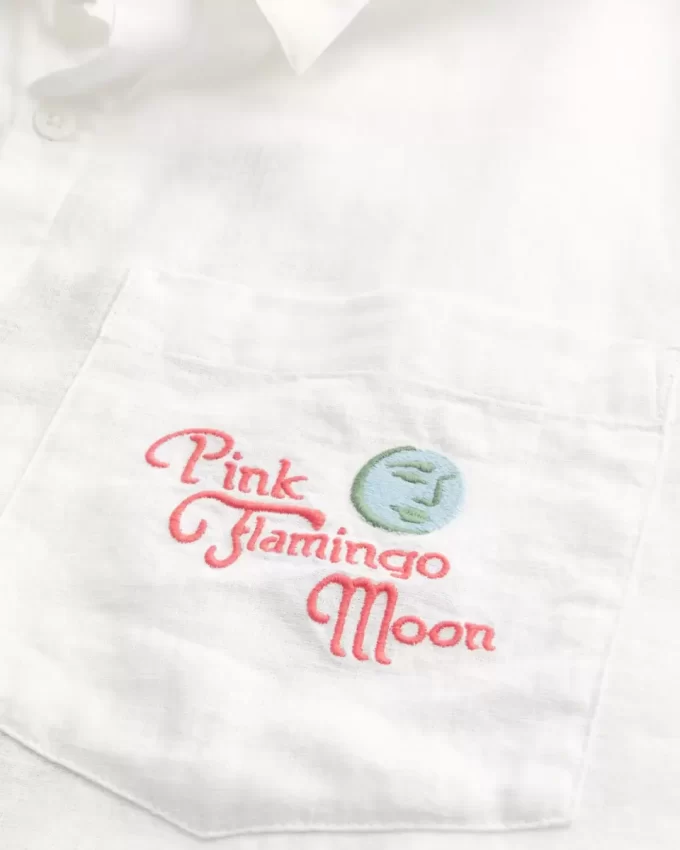 Boxy Linen-Blend Short-Sleeve Pink Flamingo Moon Graphic Shirt