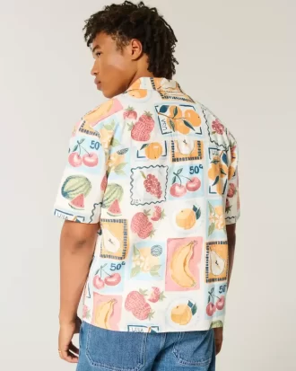 Boxy Linen-Blend Stamp Pattern Shirt
