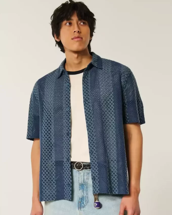 Boxy Short-Sleeve Crochet-Style Shirt