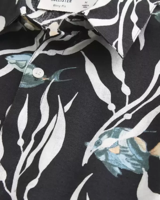 Boxy Tropical Fish Pattern Linen-Blend Shirt
