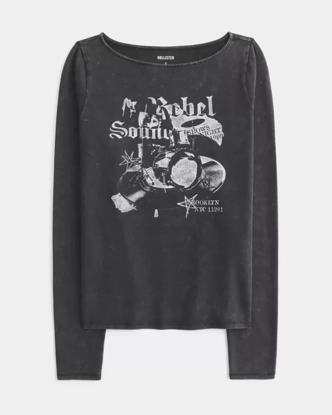 Brooklyn Music Graphic Slash-Neck Top