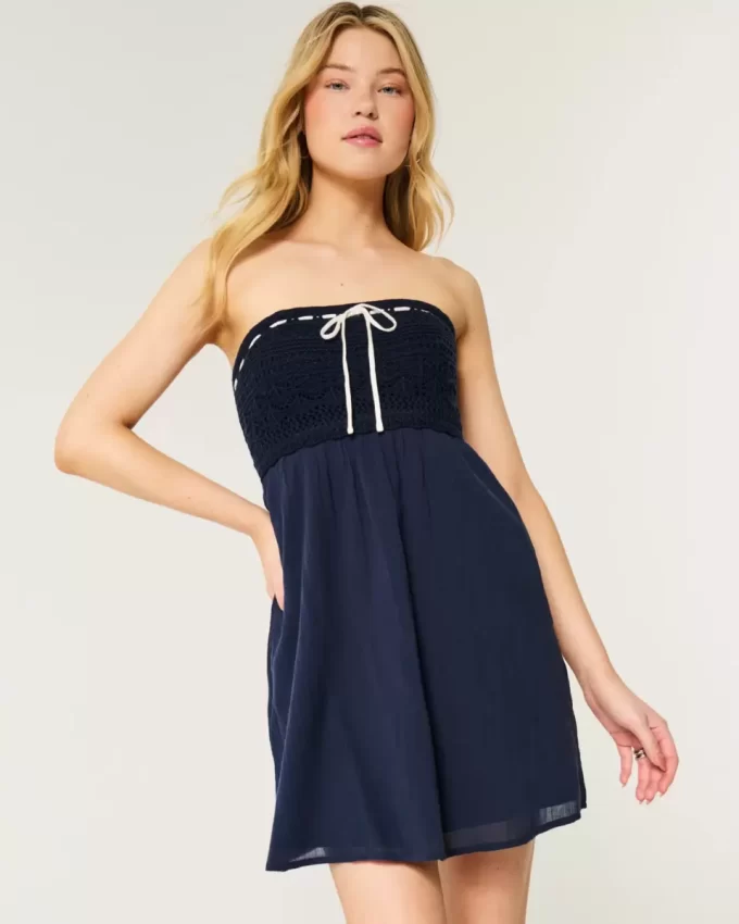 Crochet-Style Mix Strapless Mini Dress
