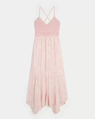 Crochet-Style Mix V-Neck Maxi Dress