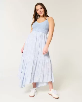 Crochet-Style Mix V-Neck Maxi Dress