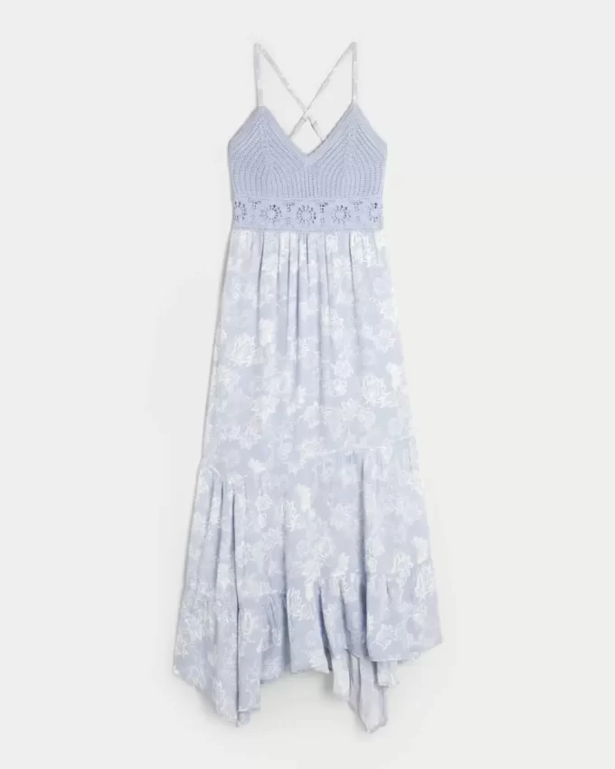 Crochet-Style Mix V-Neck Maxi Dress