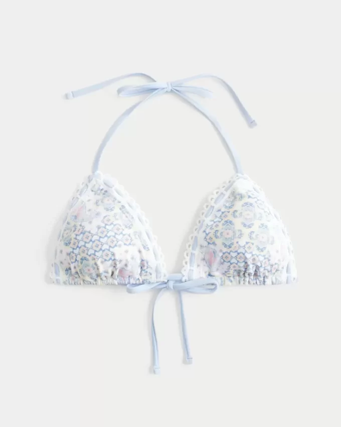 Crochet-Style Trim Halter Triangle Bikini Top