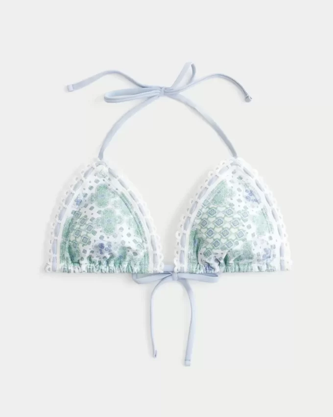 Crochet-Style Trim Halter Triangle Bikini Top
