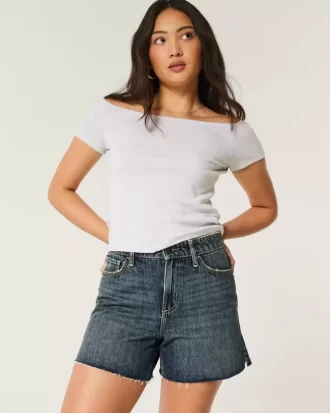Curvy High-Rise Dark Wash Relaxed Denim Shorts 5″