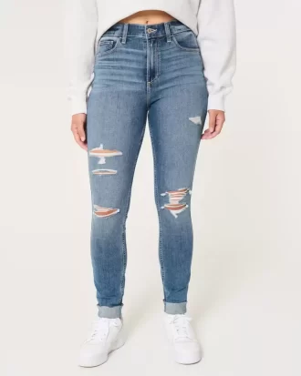 Curvy High-Rise Ripped Medium Wash Super Skinny Jeans