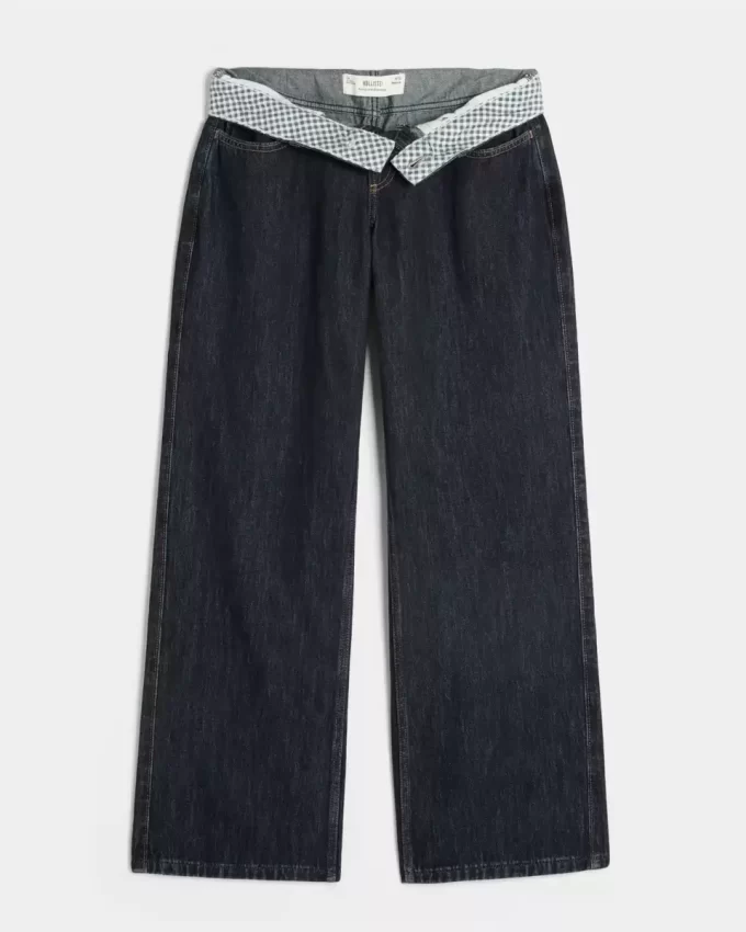 Curvy Low-Rise Dark Wash Foldover Waist Baggy Jeans