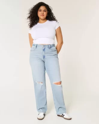 Curvy Ultra High-Rise Ripped Light Wash Dad Jeans
