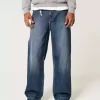 Dark Wash Logo Embroidery Super Baggy Jeans