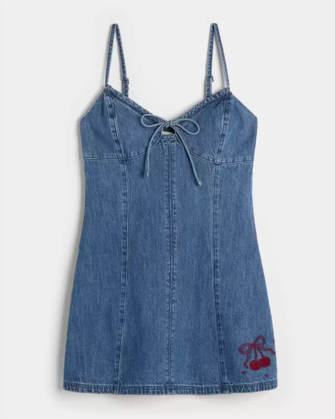 Denim Cherry Graphic Mini Dress
