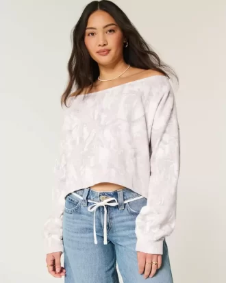 Easy Double Off-the-Shoulder Camo Pattern Sweatshirt