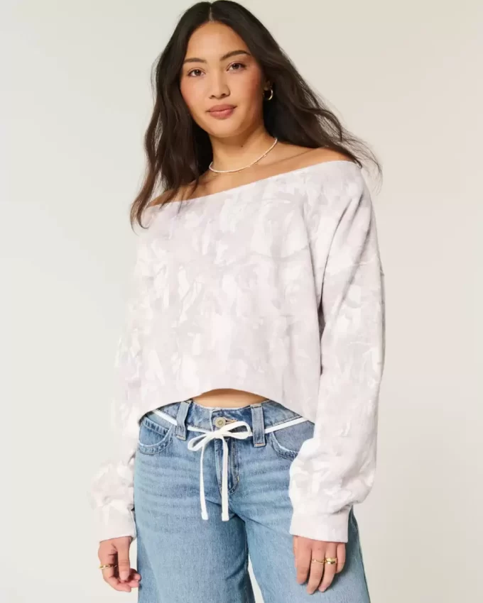 Easy Double Off-the-Shoulder Camo Pattern Sweatshirt