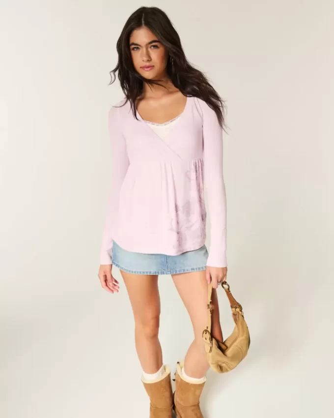 Easy Long-Sleeve Floral Pattern Babydoll Top