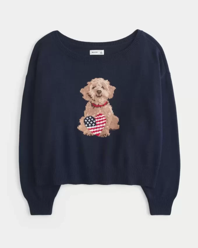 Easy Off-the-Shoulder Dog Graphic Sweater