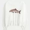Easy Off-the-Shoulder Fish Graphic Sweater