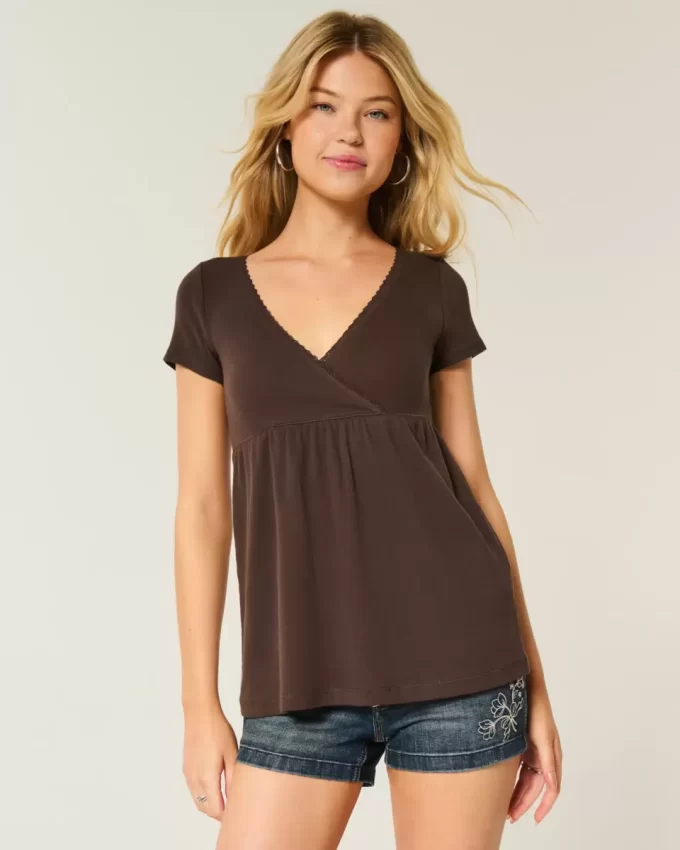 Easy Short-Sleeve Lace Trim Babydoll Top