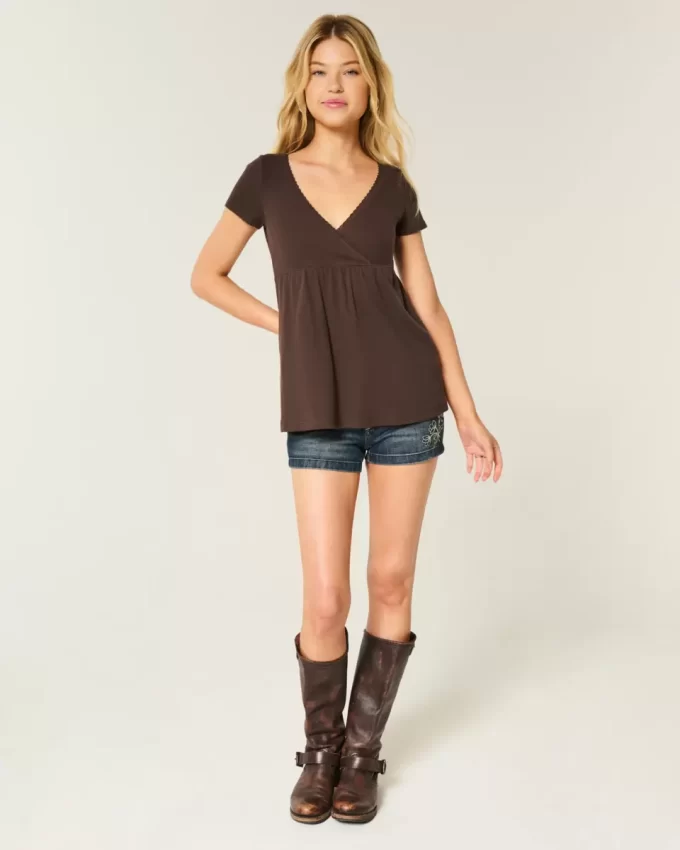 Easy Short-Sleeve Lace Trim Babydoll Top