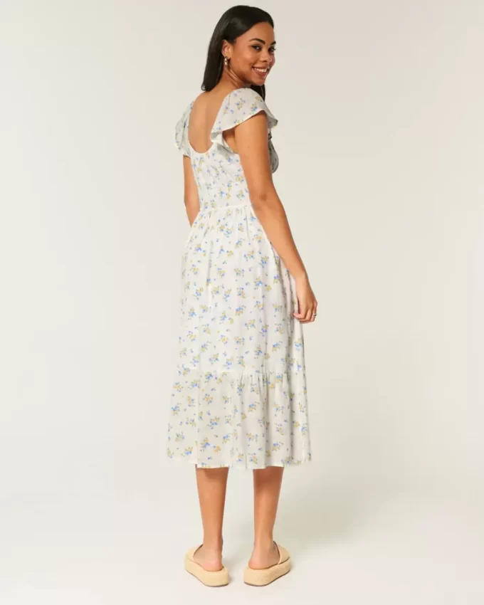 Flutter Sleeve Double-Tie Midi Dress