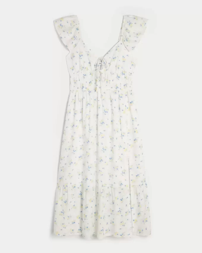 Flutter Sleeve Double-Tie Midi Dress