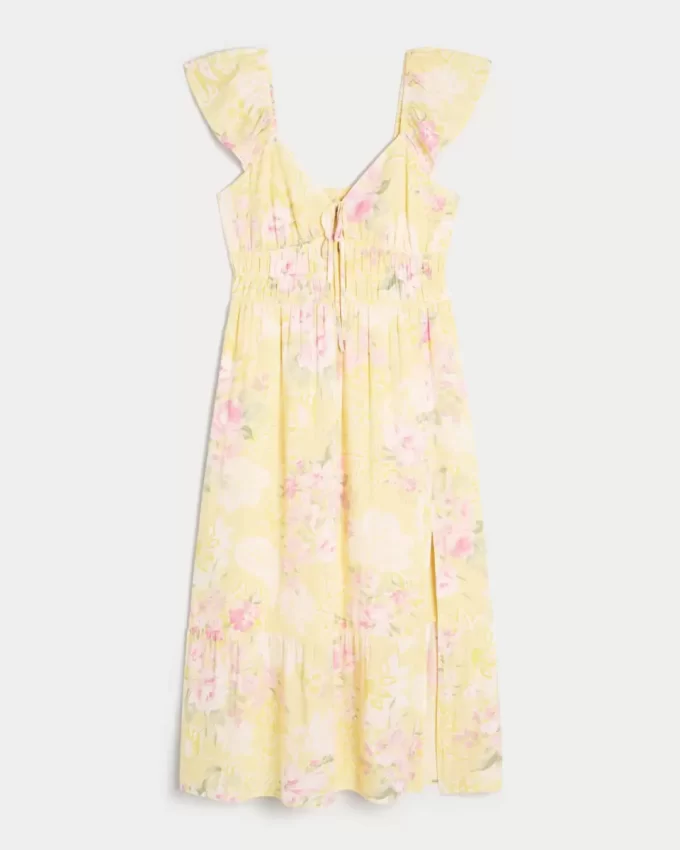 Flutter Sleeve Double-Tie Midi Dress