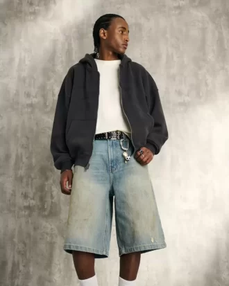 Greased Medium Wash Super Baggy Denim Shorts