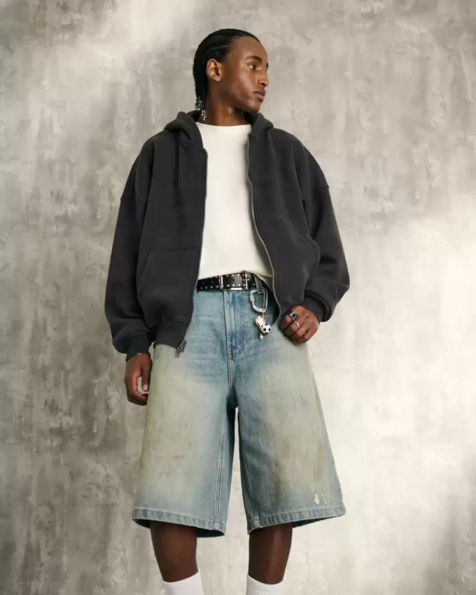 Greased Medium Wash Super Baggy Denim Shorts