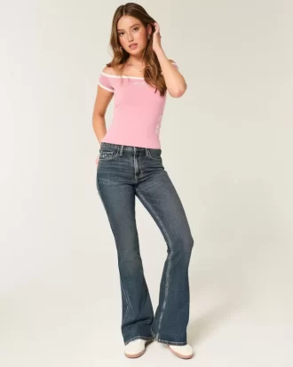 High-Rise Dark Wash Embroidered Florals Flare Jeans