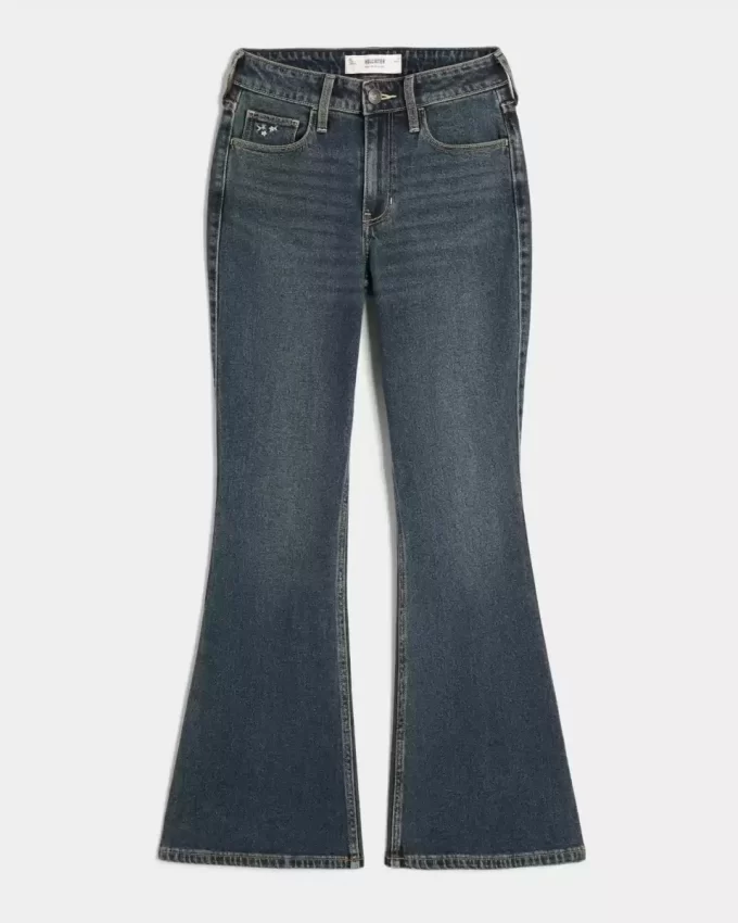 High-Rise Dark Wash Embroidered Florals Flare Jeans