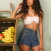 High-Rise Medium Wash Floral Embroidered A-Line Denim Shorts