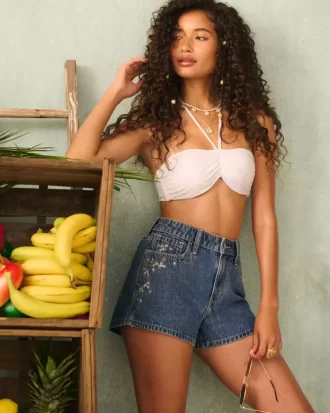 High-Rise Medium Wash Floral Embroidered A-Line Denim Shorts