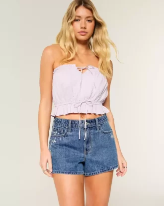 High-Rise Medium Wash Floral Embroidered A-Line Denim Shorts