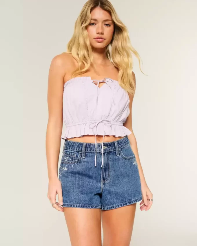 High-Rise Medium Wash Floral Embroidered A-Line Denim Shorts