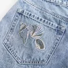 High-Rise Medium Wash Shell Embroidered Baggy Denim Shorts 5″