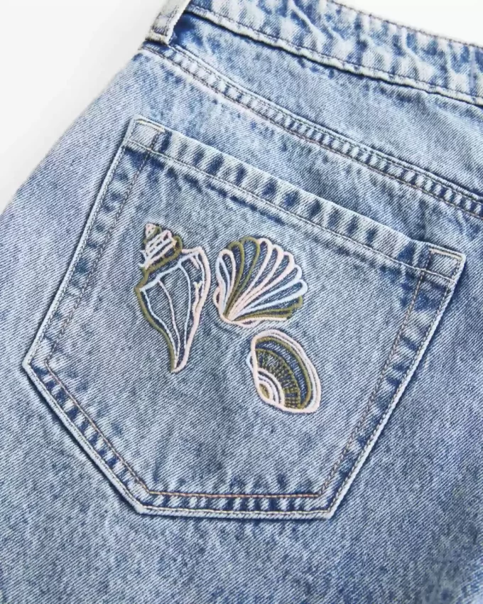 High-Rise Medium Wash Shell Embroidered Baggy Denim Shorts 5″