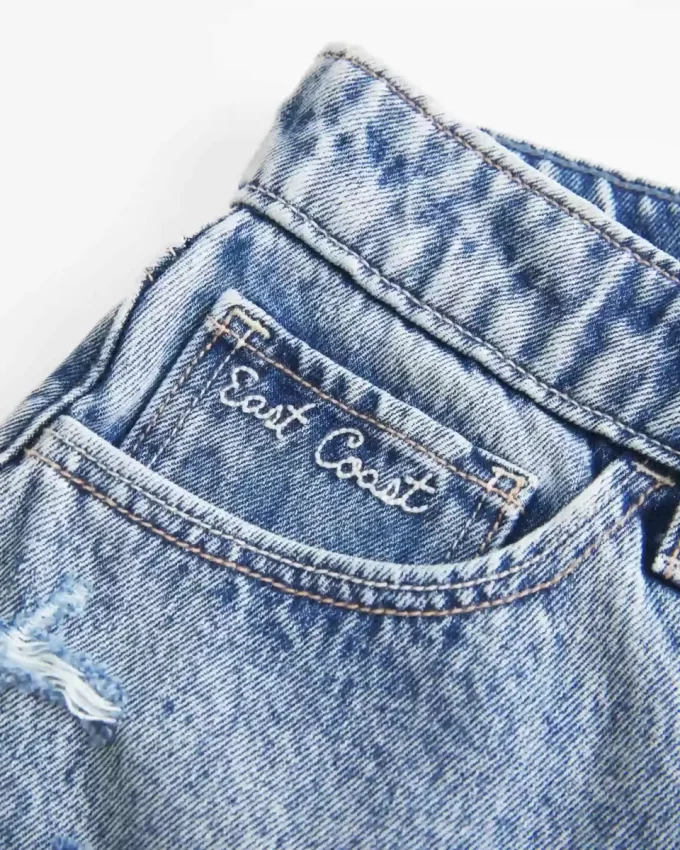 High-Rise Medium Wash Shell Embroidered Baggy Denim Shorts 5″
