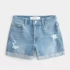 High-Rise Ripped Medium Light Wash Denim Shortie Shorts